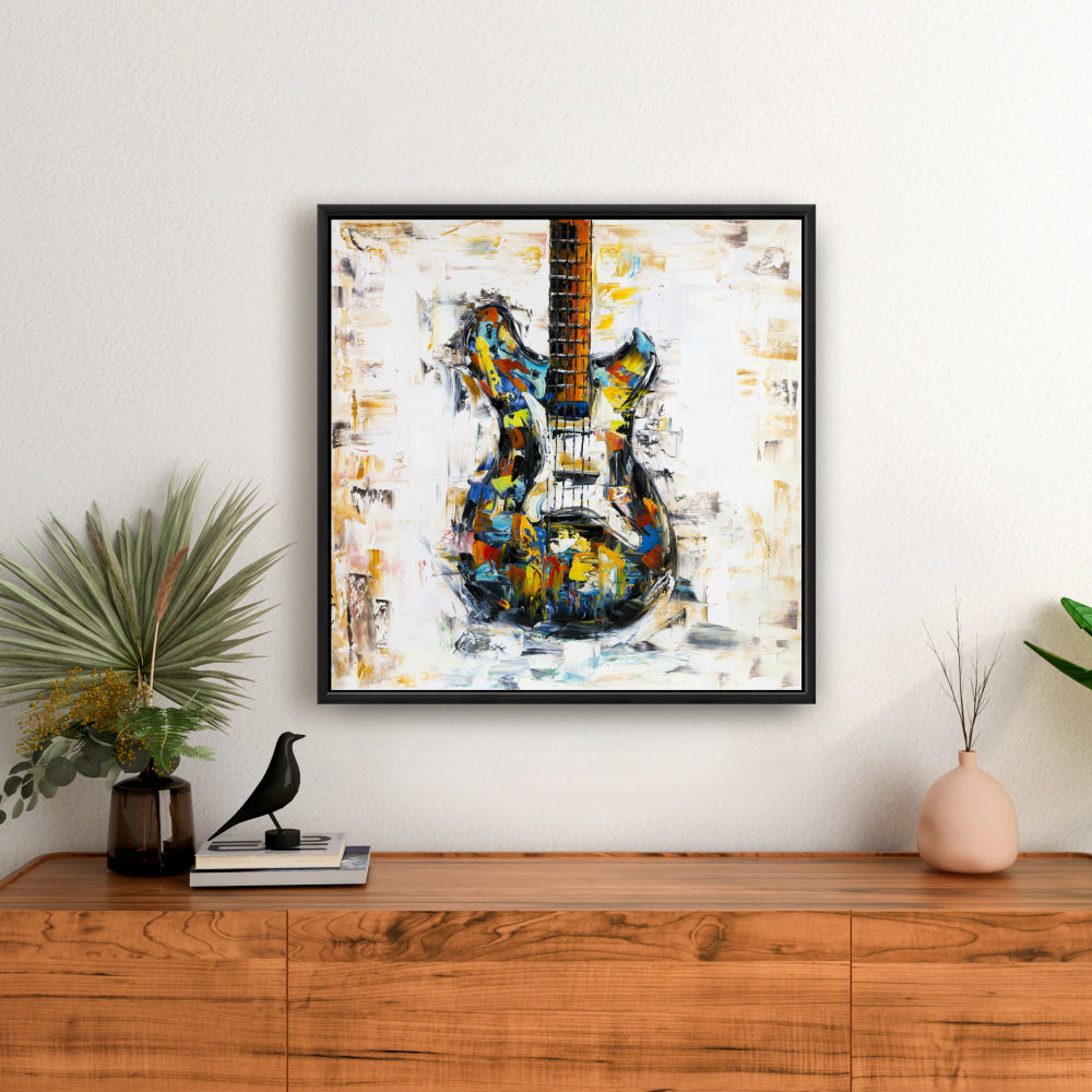 Toile abstraite colorée représentant une guitare - Décoration de salon bleu