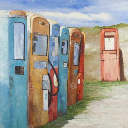 Old Gas Pumps Blue Canvas | Contemporary Living Room Decor