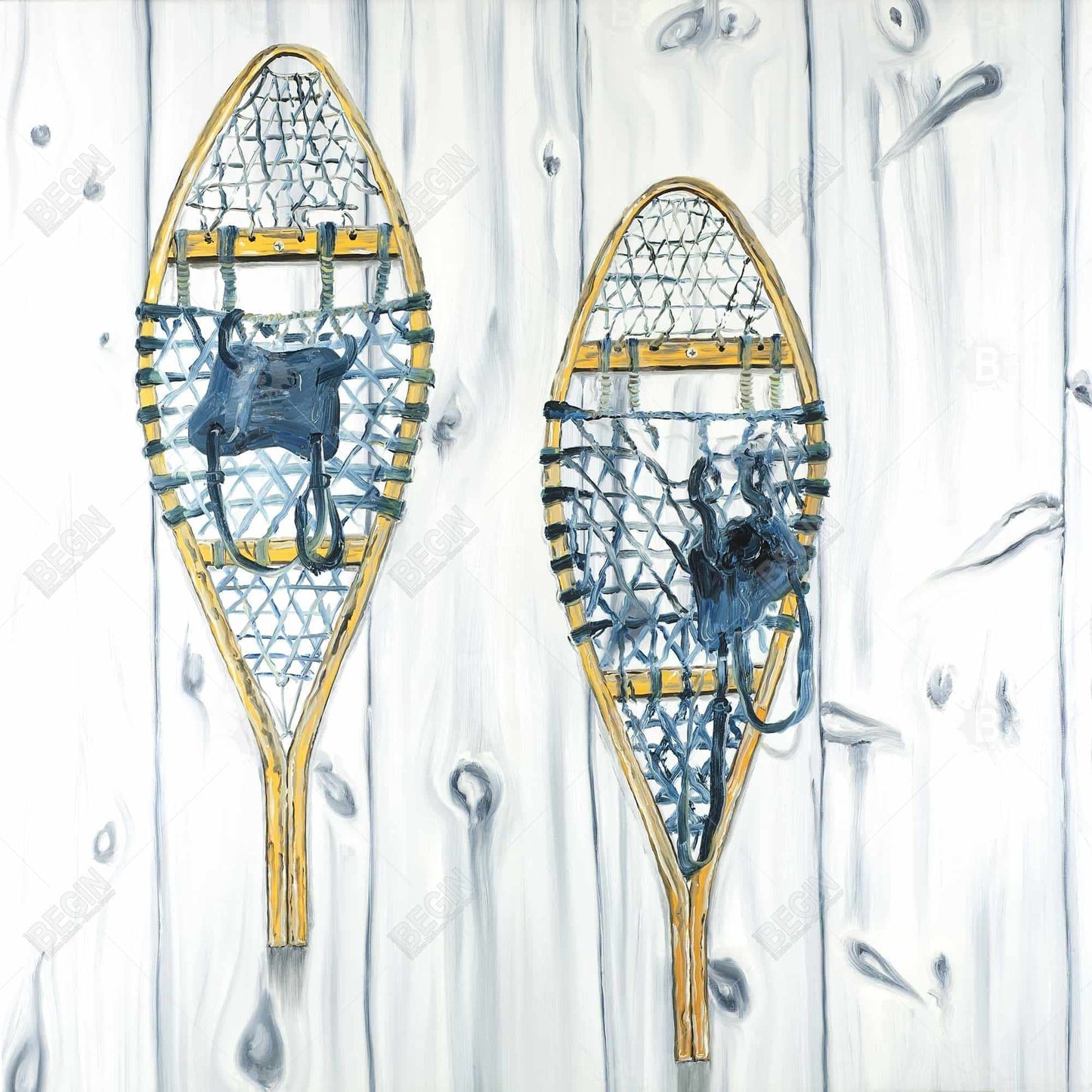 Blue Rustic Framed Canvas - Vintage Wood Snowshoes Decor
