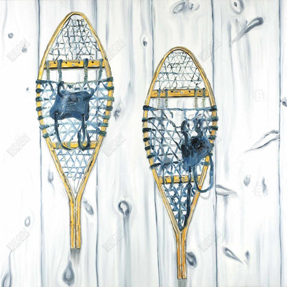 Toile vintage en bois représentant des raquettes à neige | Décoration murale rustique