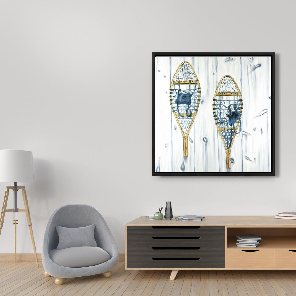 Blue Rustic Framed Canvas - Vintage Wood Snowshoes Decor