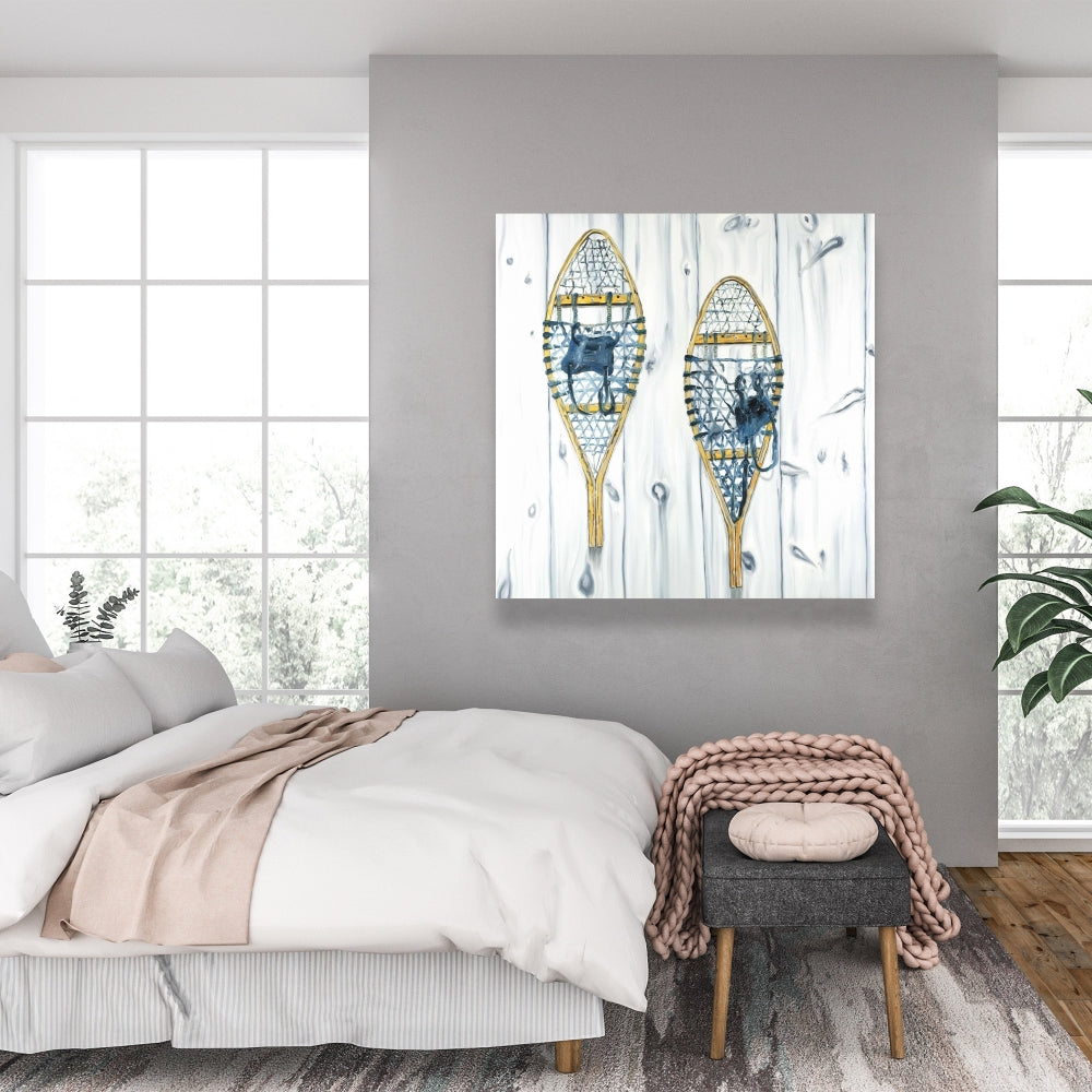 Toile vintage en bois représentant des raquettes à neige | Décoration murale rustique