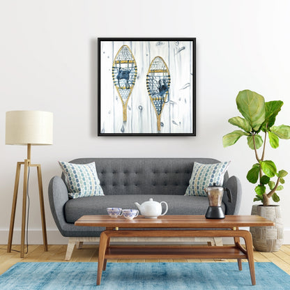 Blue Rustic Framed Canvas - Vintage Wood Snowshoes Decor