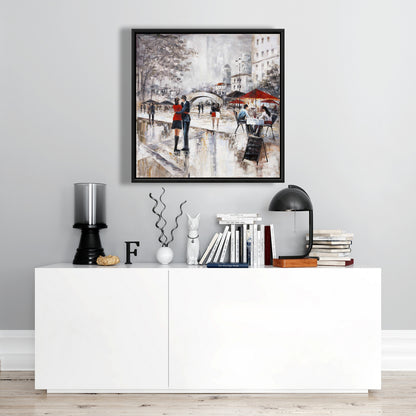 Young Couple Hugging Street - Cities Gray Framed Canvas Decor