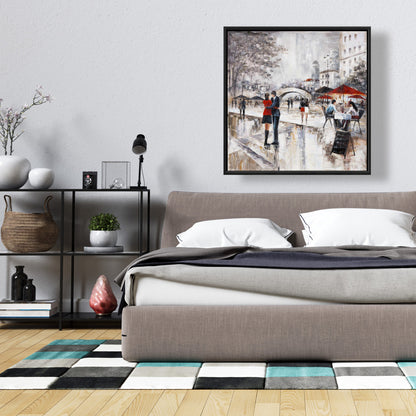 Young Couple Hugging Street - Cities Gray Framed Canvas Decor
