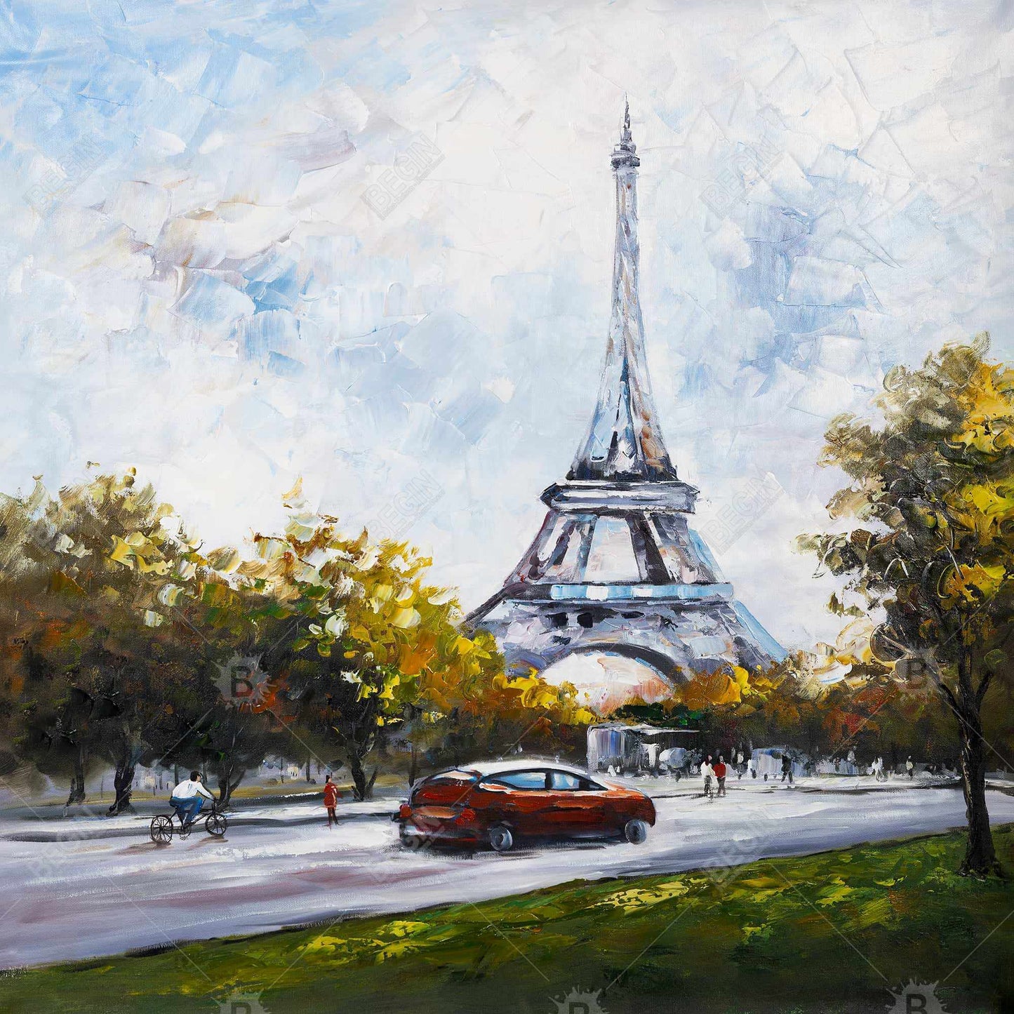 Driving Near Eiffel Tower Trees Blue Canvas Home Decor