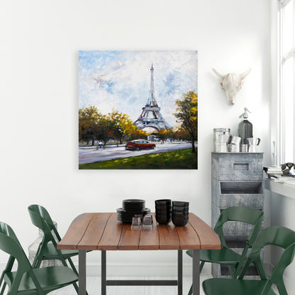 Driving Near Eiffel Tower Trees Blue Canvas Home Decor
