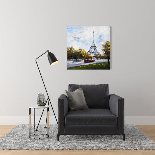 Driving Near Eiffel Tower Trees Blue Canvas Home Decor