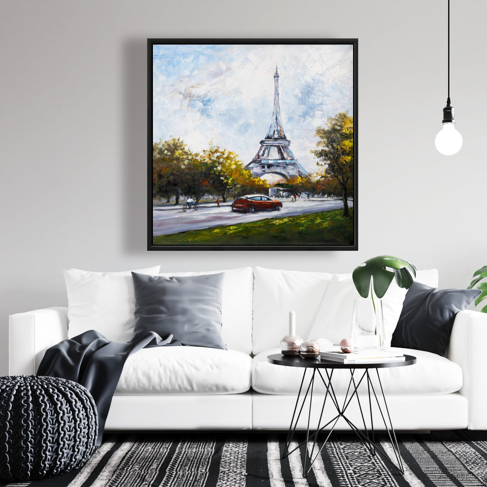 Conduire près de la Tour Eiffel sur toile bleue - Art mural contemporain