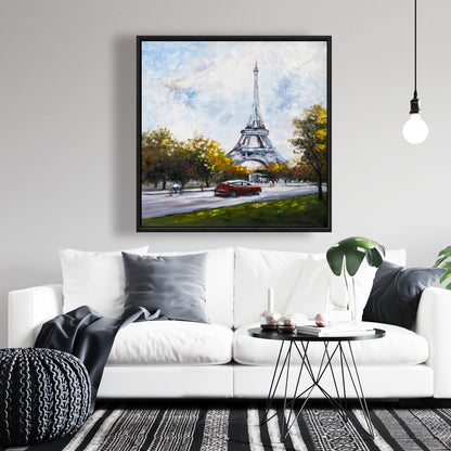 Conduire près de la Tour Eiffel sur toile bleue - Art mural contemporain