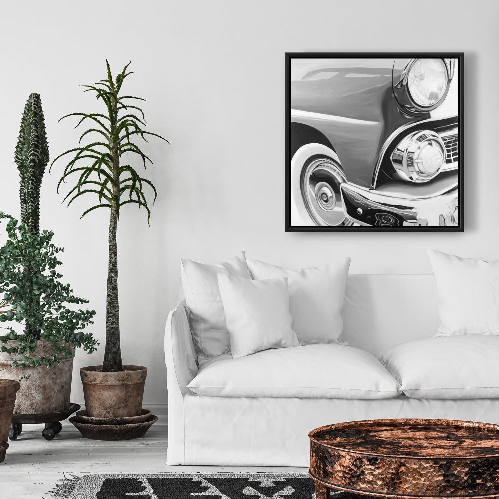 Magnifique toile encadrée monochrome représentant une vieille voiture | Décoration d'intérieur