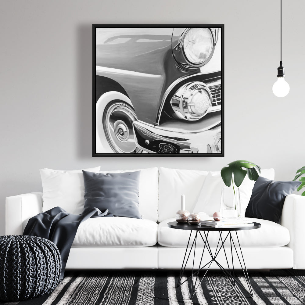 Magnifique toile encadrée monochrome représentant une vieille voiture | Décoration d'intérieur