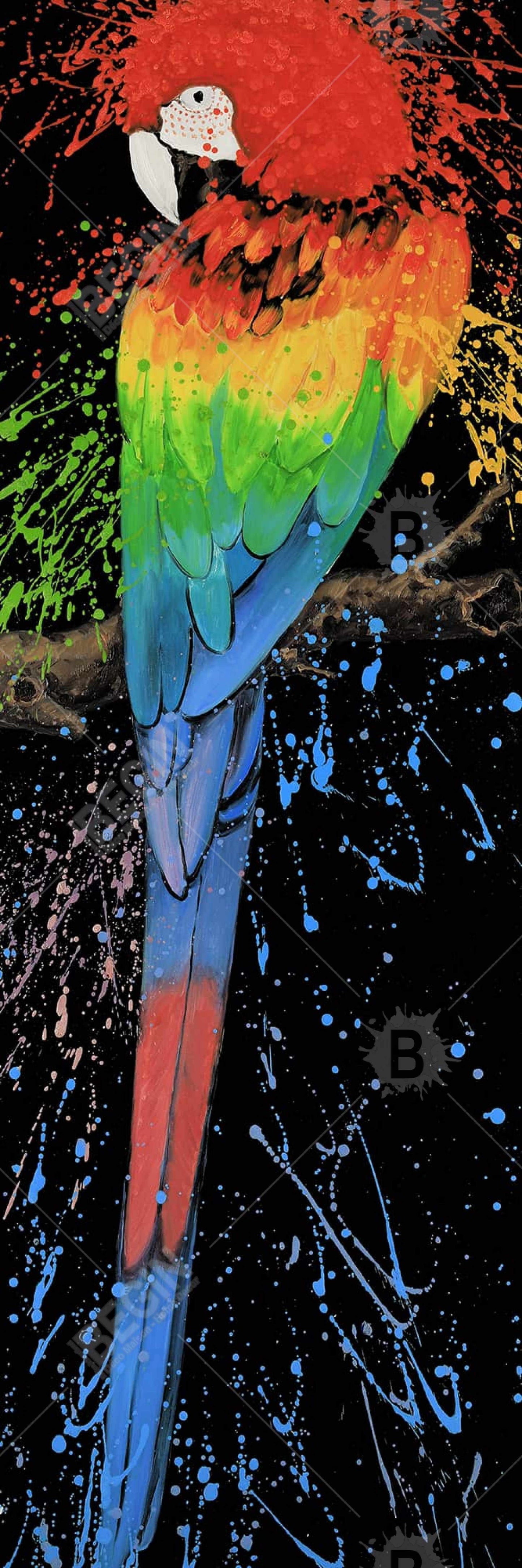 Toile Perroquet arc-en-ciel | Décoration de chambre bleue | Art contemporain