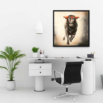 Toile encadrée « Taureau en fuite » | Décoration d'intérieur avec animaux de la ferme