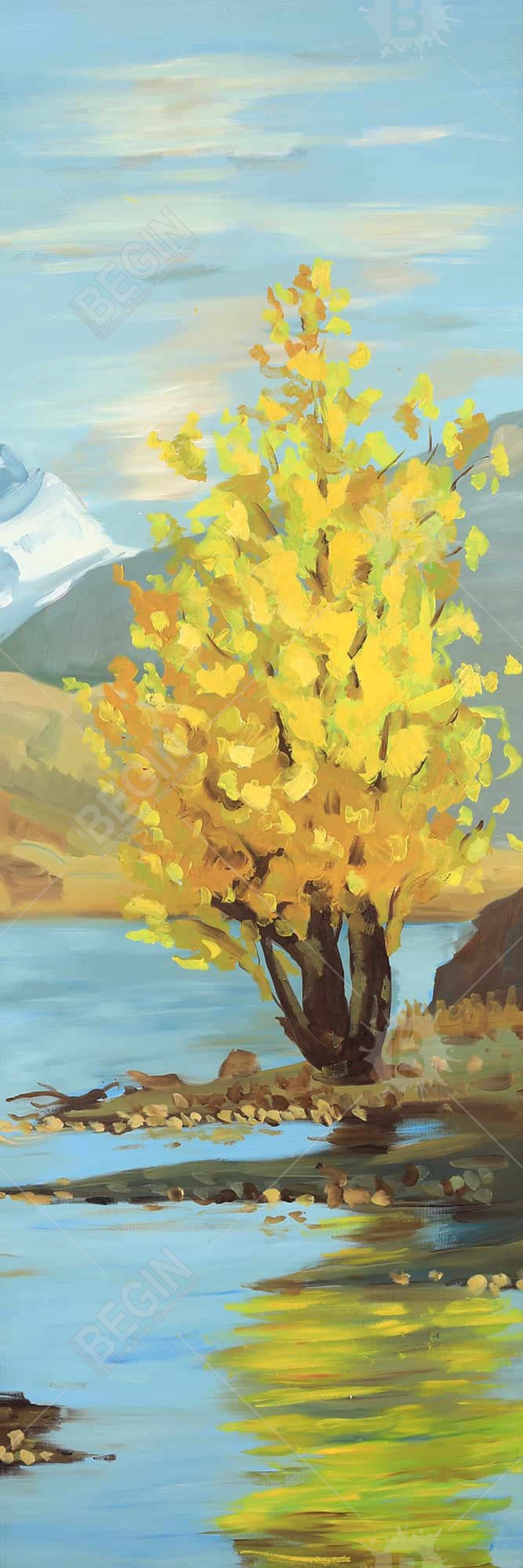 Toile encadrée « Réflexion d'arbre jaune » | Décoration côtière bleue