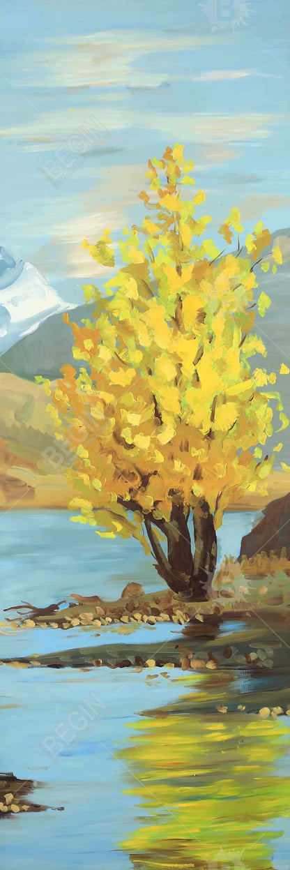 Toile encadrée « Réflexion d'arbre jaune » | Décoration côtière bleue