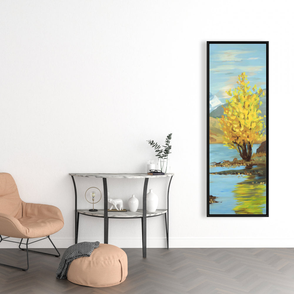 Toile encadrée « Réflexion d'arbre jaune » | Décoration côtière bleue