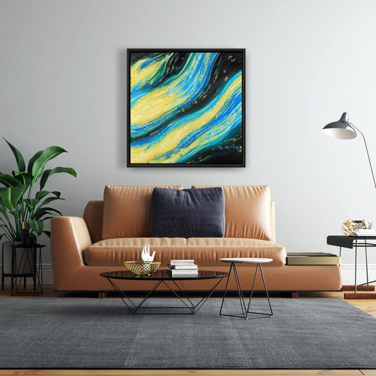 Liquid Magic Wave Blue Abstract Framed Canvas Home Decor