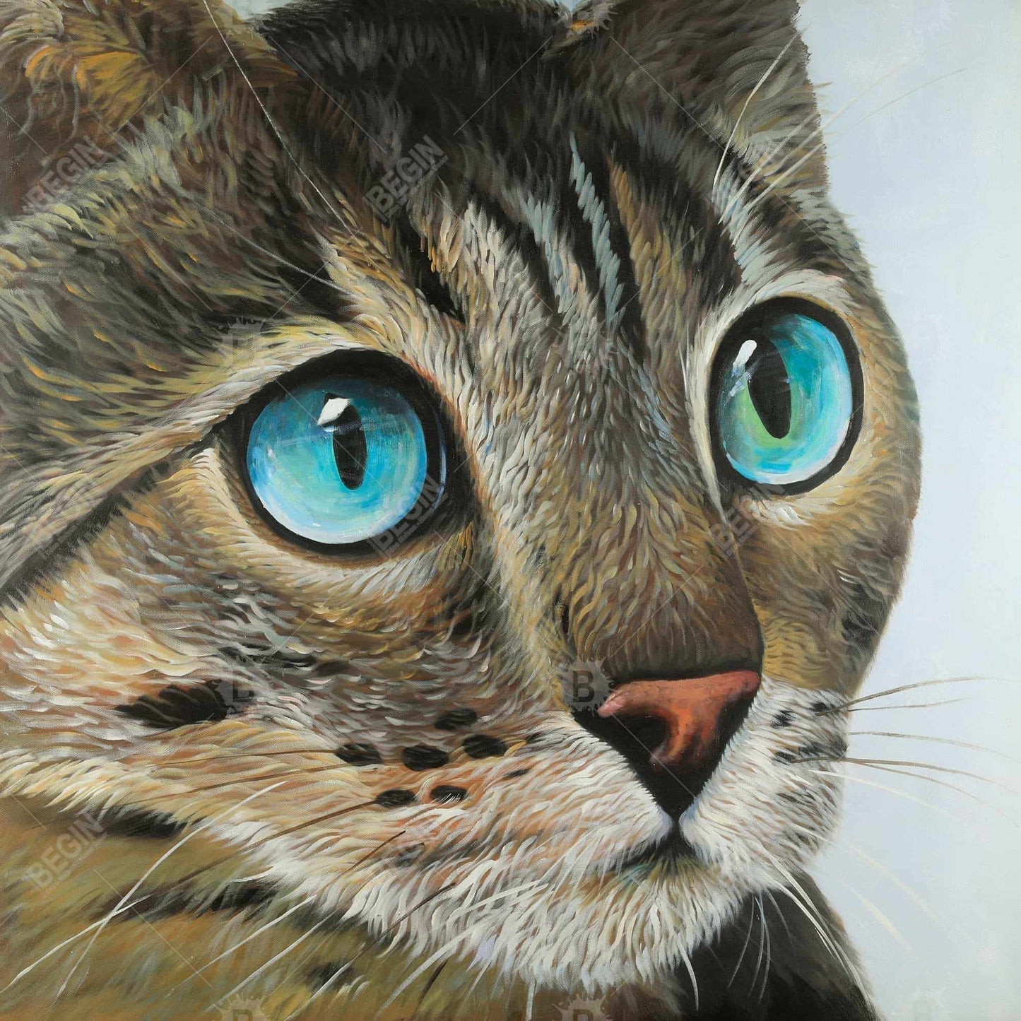 Curious Cat Portrait | Hyperrealist Bedroom Blue Canvas Decor