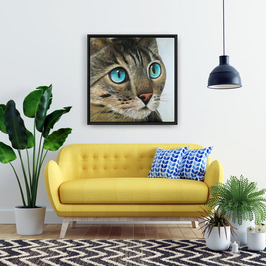 Curious Cat Portrait - Blue Animals Framed Canvas for Home Decor