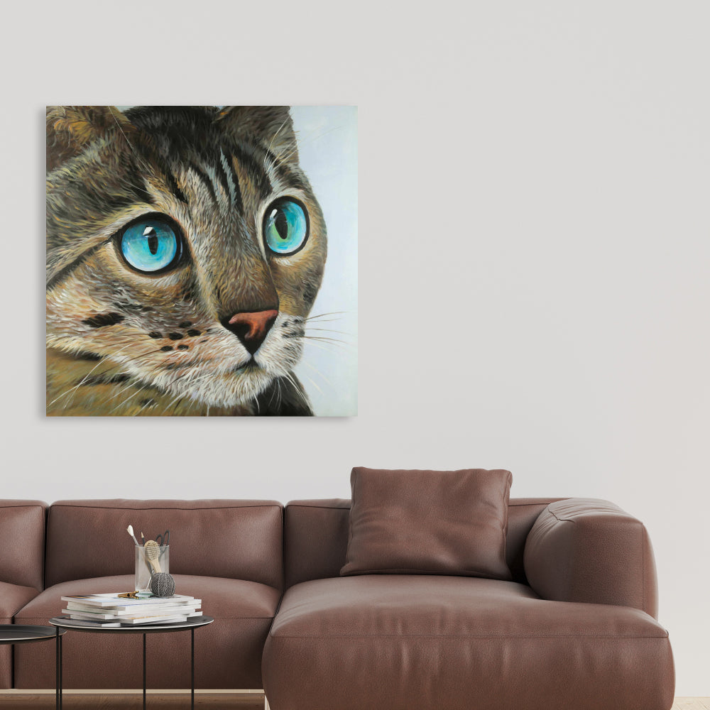 Curious Cat Portrait | Hyperrealist Bedroom Blue Canvas Decor