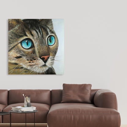 Curious Cat Portrait | Hyperrealist Bedroom Blue Canvas Decor