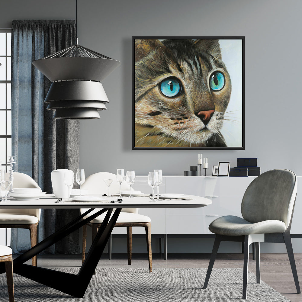 Portrait de chat curieux – Toile encadrée d'animaux bleus pour décoration intérieure