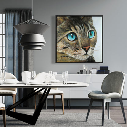 Portrait de chat curieux – Toile encadrée d'animaux bleus pour décoration intérieure