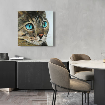 Curious Cat Portrait | Hyperrealist Bedroom Blue Canvas Decor