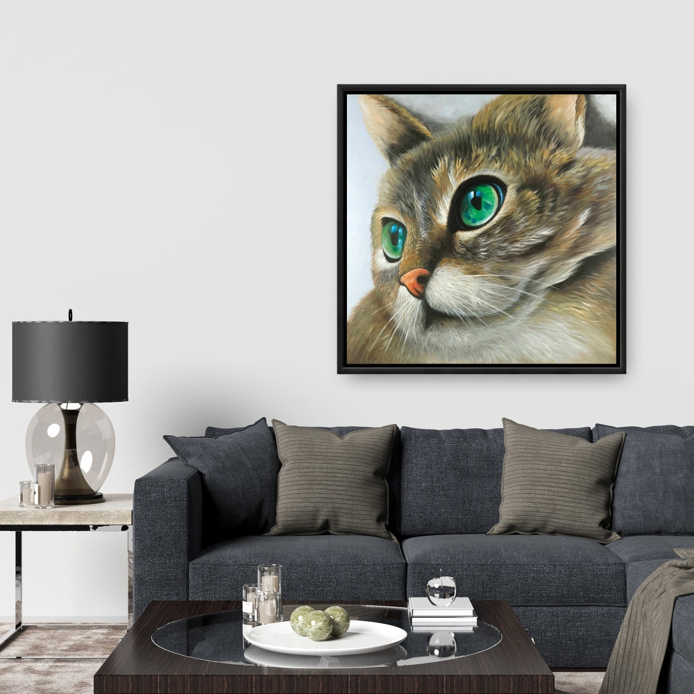 Toile encadrée hyperréaliste représentant un chat paisible dans une chambre marron