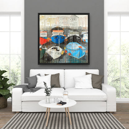 Pluie décolorée au port | Toile décorative encadrée bleue