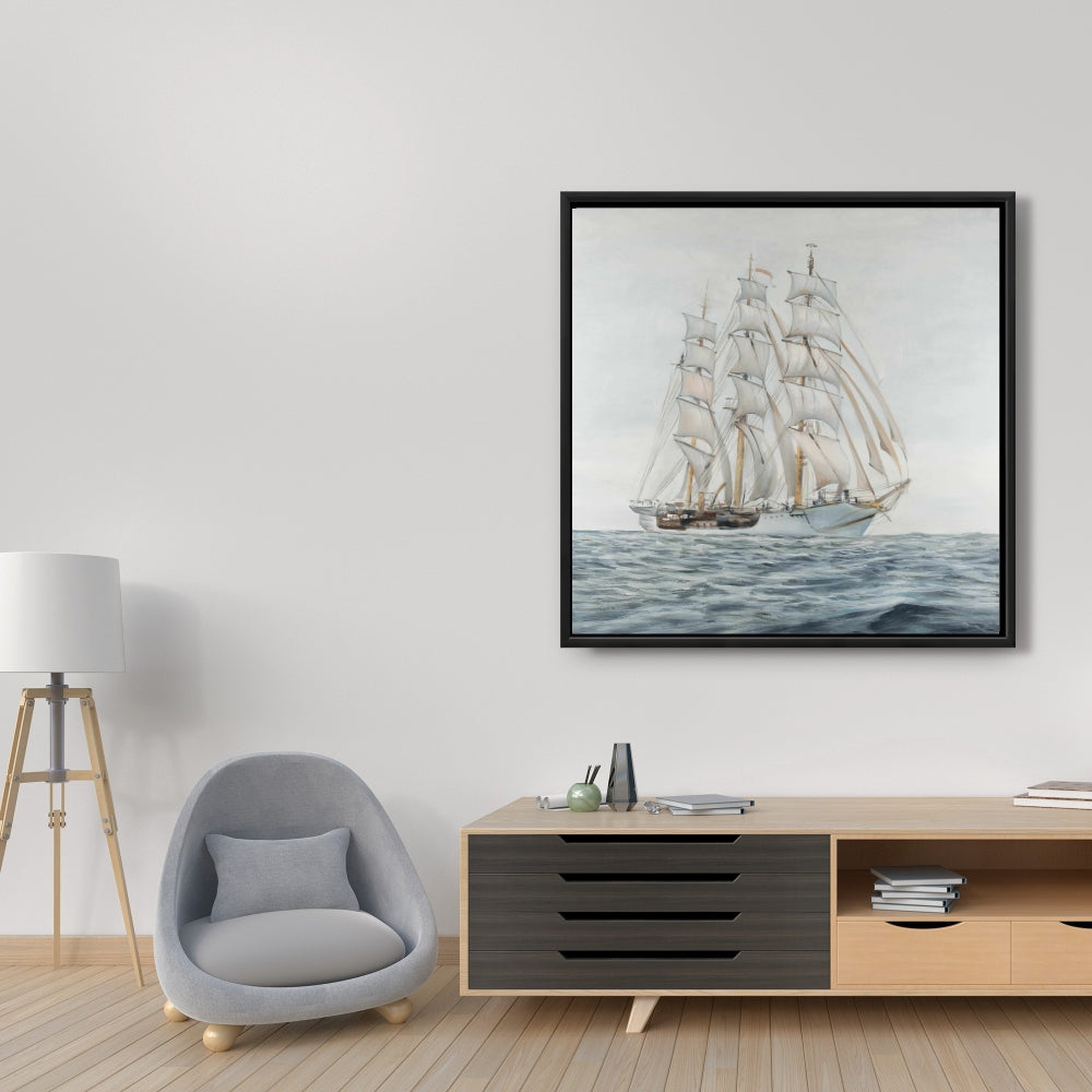 Décoration de chambre côtière | Toile encadrée blanche – Expédier par temps nuageux