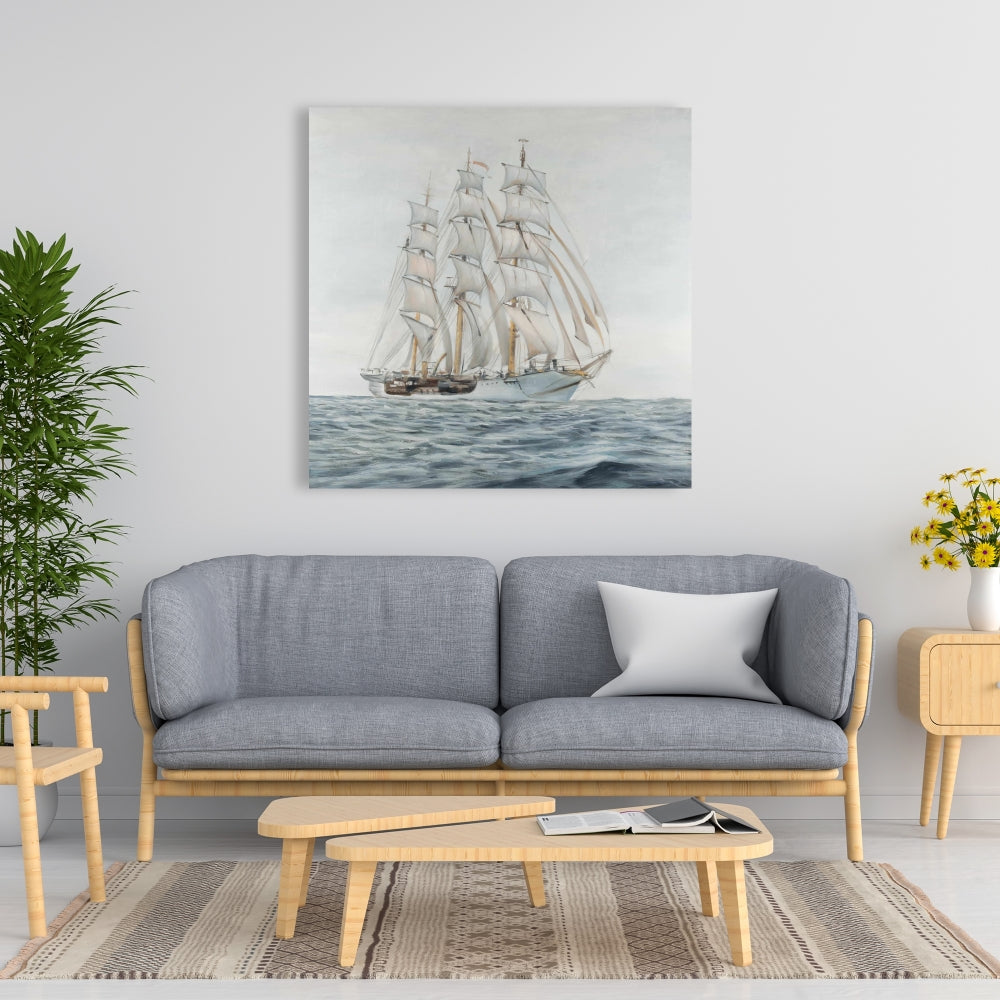 Ship by a Cloudy Day - Marine Coastal White Canvas Decor