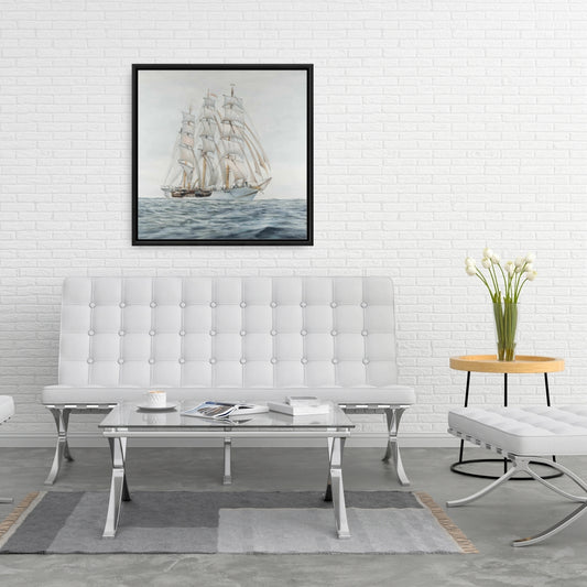 Coastal Bedroom Decor | White Framed Canvas - Ship by a Cloudy Day