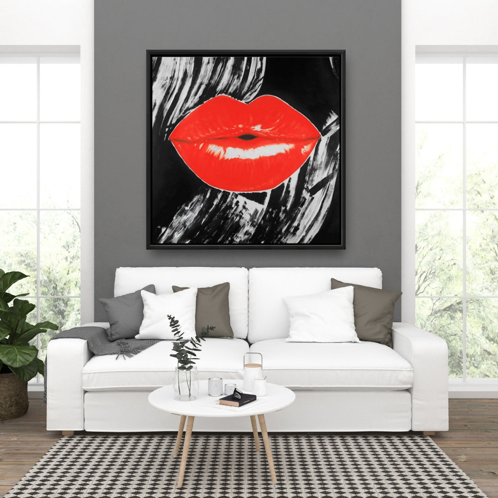Pouty Glossy Lips - Black Retro Framed Canvas | Home Decor