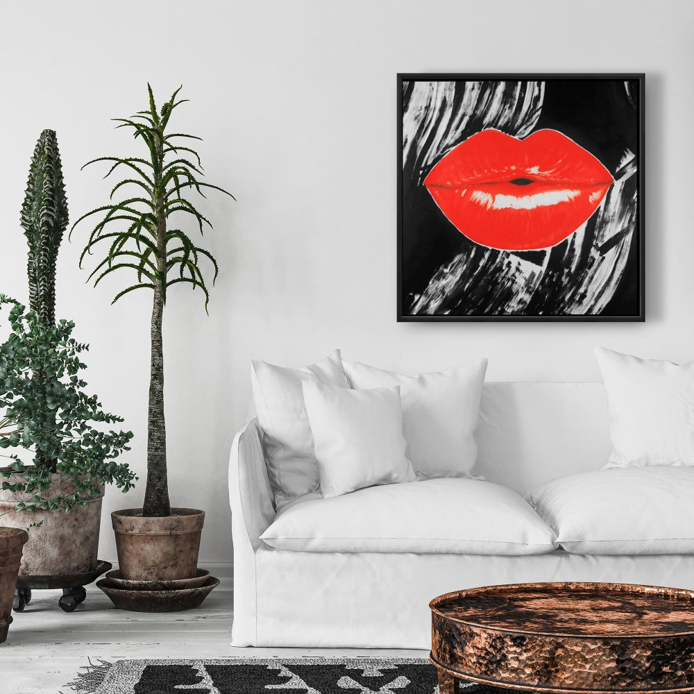 Pouty Glossy Lips - Black Retro Framed Canvas | Home Decor