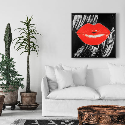Pouty Glossy Lips - Black Retro Framed Canvas | Home Decor