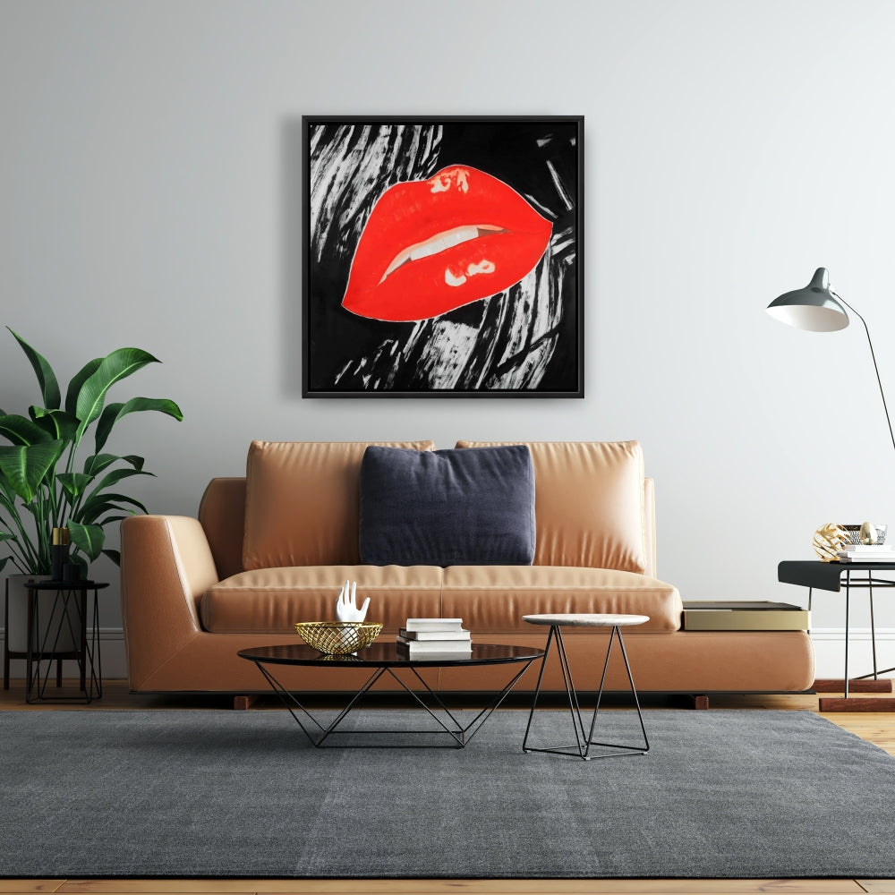 Kissable Lips Canvas | Black Retro Frame | Home Decor Art