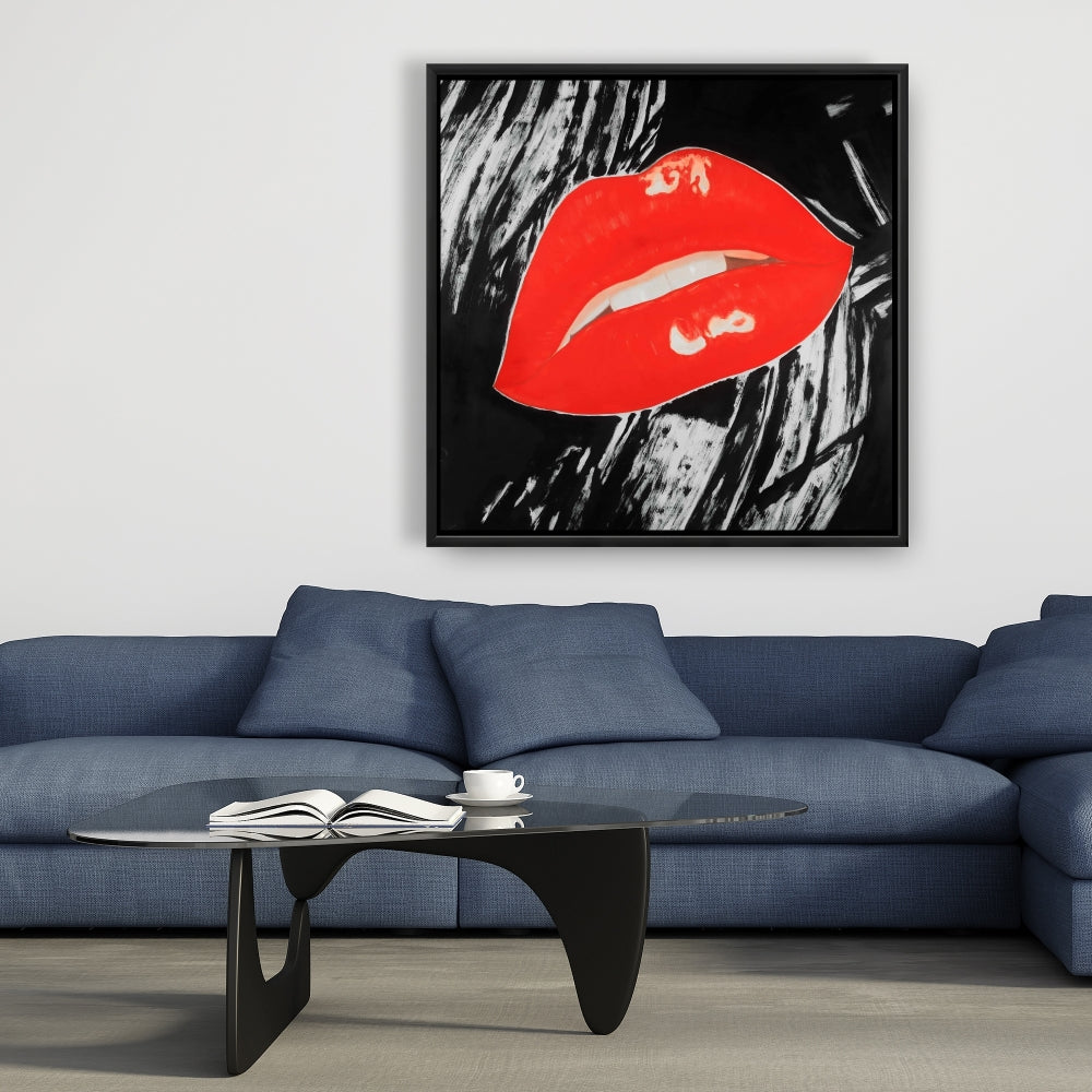 Kissable Lips Canvas | Black Retro Frame | Home Decor Art