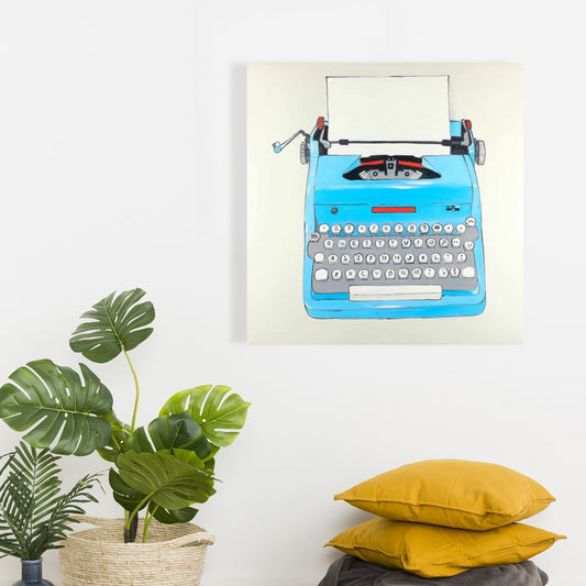 Vintage Blue Typewriter Canvas - Unique Bedroom Wall Decor