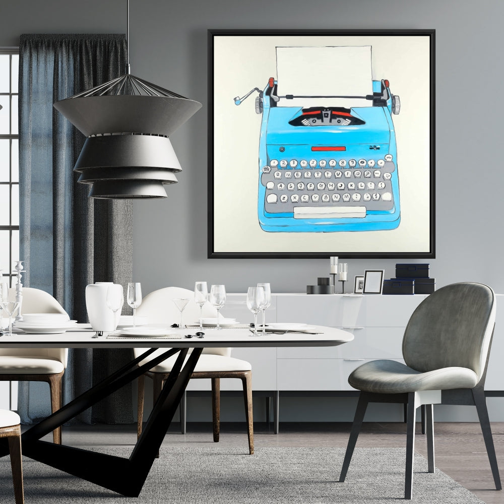 Toile vintage bleue représentant une machine à écrire | Décoration murale encadrée pour chambre