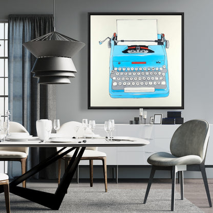 Toile vintage bleue représentant une machine à écrire | Décoration murale encadrée pour chambre