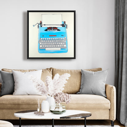 Toile vintage bleue représentant une machine à écrire | Décoration murale encadrée pour chambre