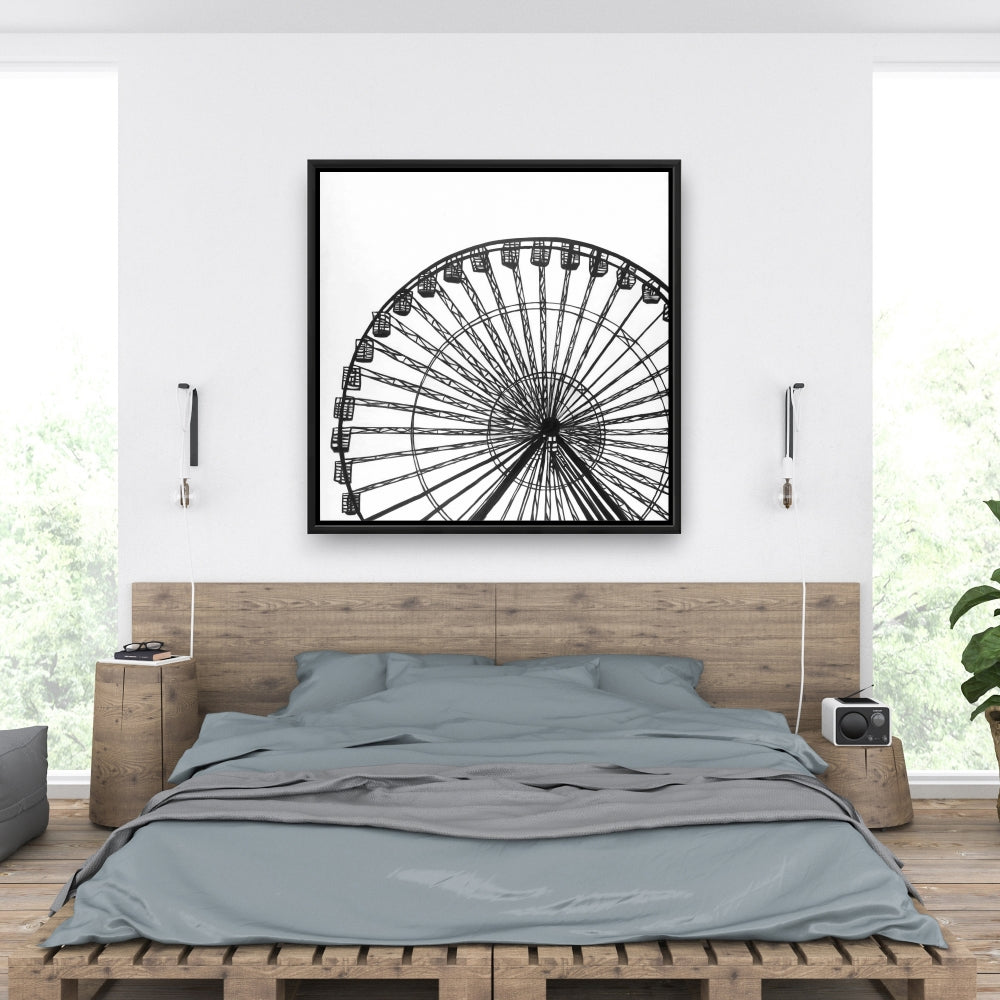 Monochrome Ferris Wheel White Framed Canvas | Home Decor