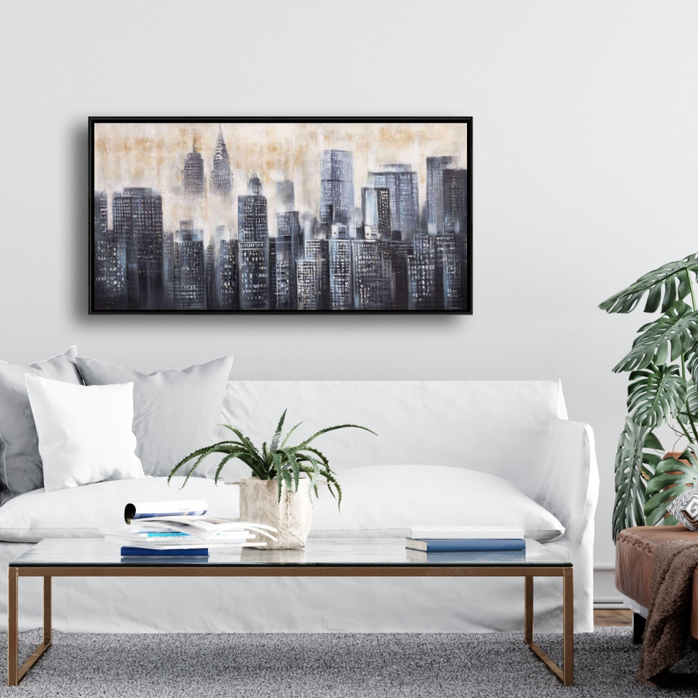 Gray Contemporary Framed Canvas - Buildings Through the Clouds