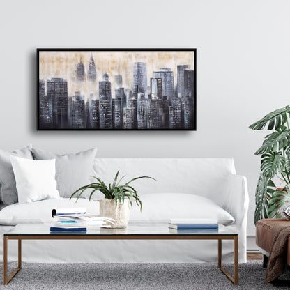 Gray Contemporary Framed Canvas - Buildings Through the Clouds