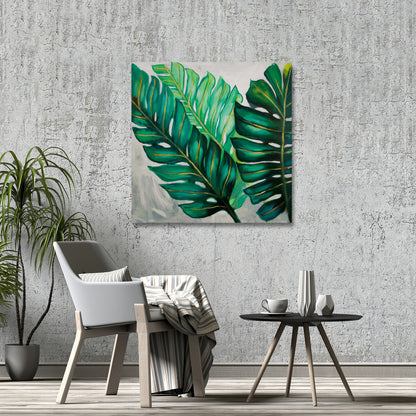 Bedroom Green Botanical Canvas - Three Exotic Plant Leaves Decor