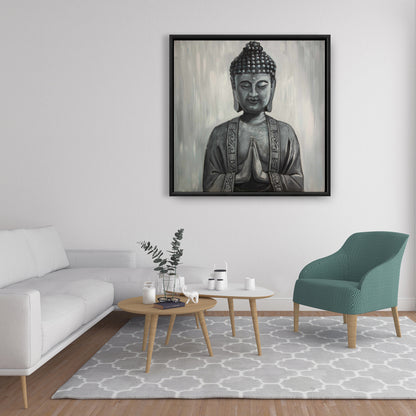 Gray Asian Framed Buddha Canvas | Elegant Bedroom Wall Art