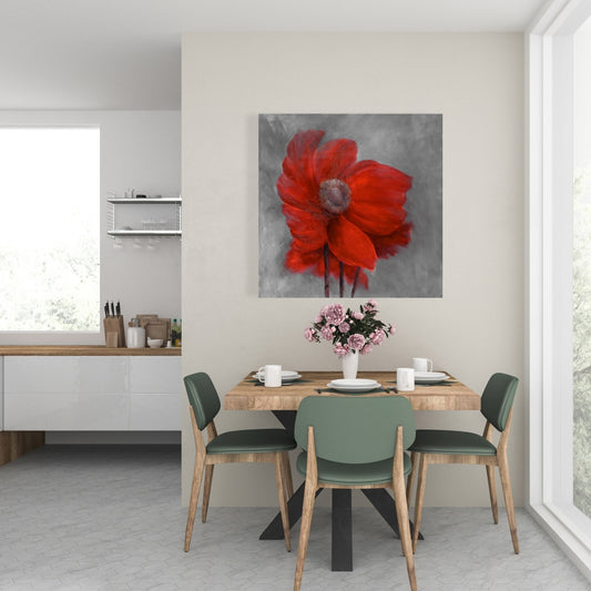 Gray Botanical Canvas - Red Flower in the Wind | Home Decor