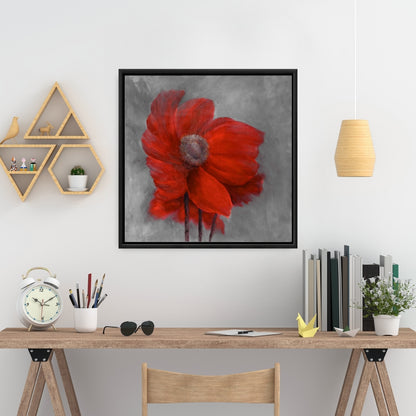 Fleur rouge dans le vent | Décoration botanique grise pour chambre à coucher